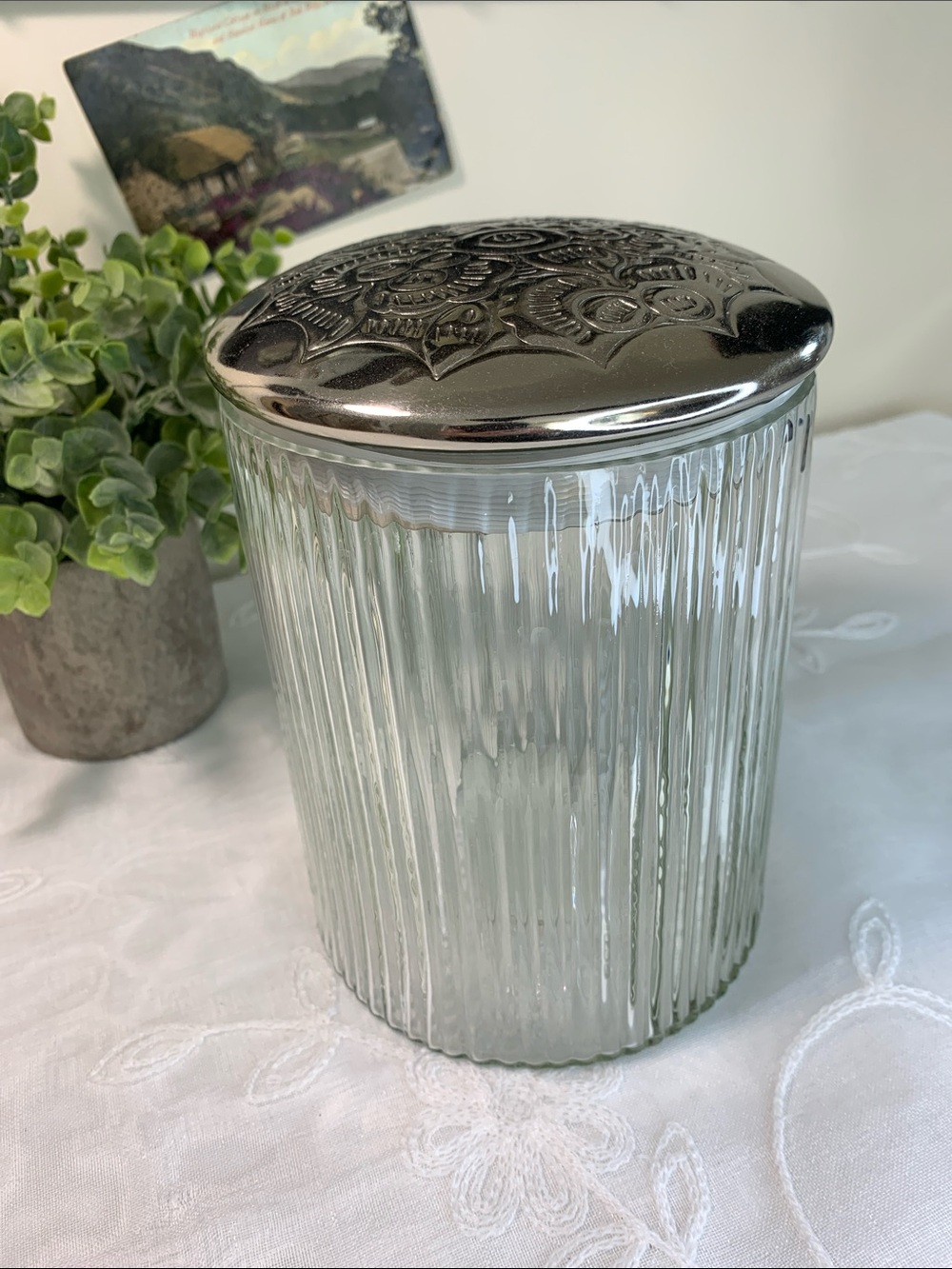 Ribbed Glass Jar with Floral Embossed Silver Lid - Clear & Silver